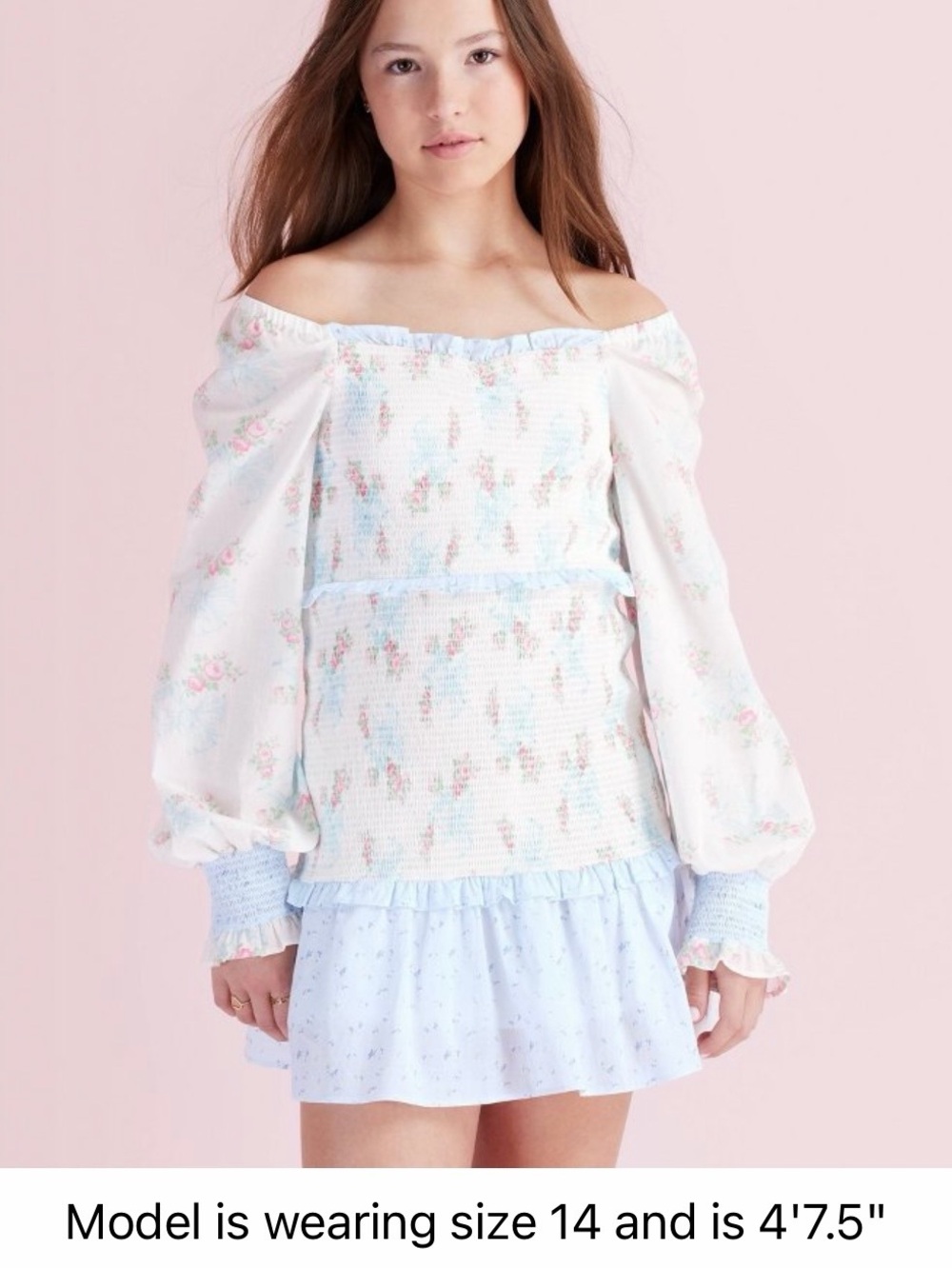 LoveShackFancy Girls' Off-Shoulder Floral Smocked Dress in Light Blue and White